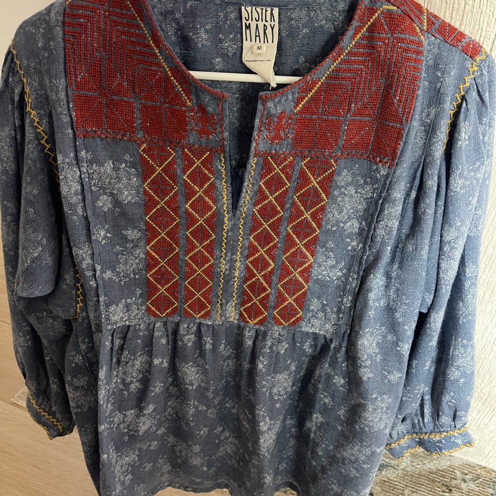 Sister Mary Blue Floral Tunic with Red Embroidered Yoke